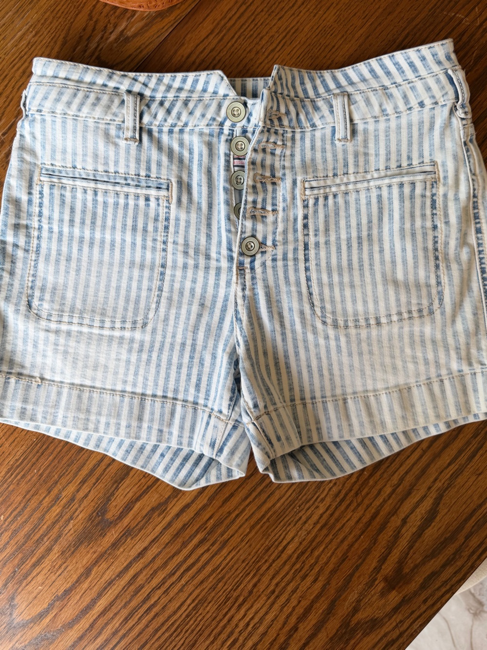 Anthropologie Blue and White Striped High-Rise Button-Front Shorts